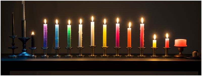 A row of candlesticks with lit candles of varying heights representing a candlestick chart.
